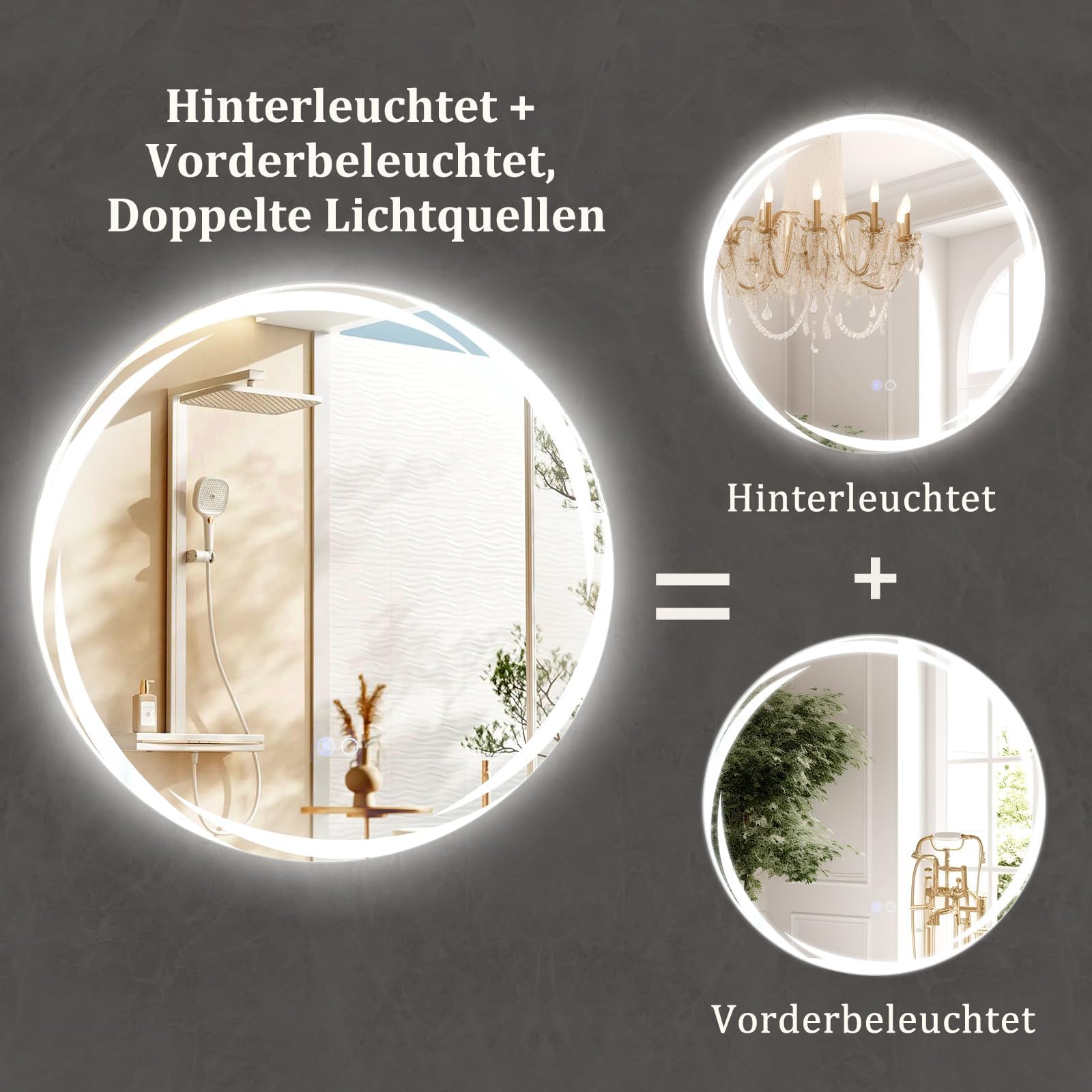 FANTASK Specchio da bagno a LED con illuminazione, 60 cm, rotondo, anti-appannamento, da parete, dimmerabile, con interruttore touch e funzione memoria, per bagno, ovale, 60 L x 60 B cm