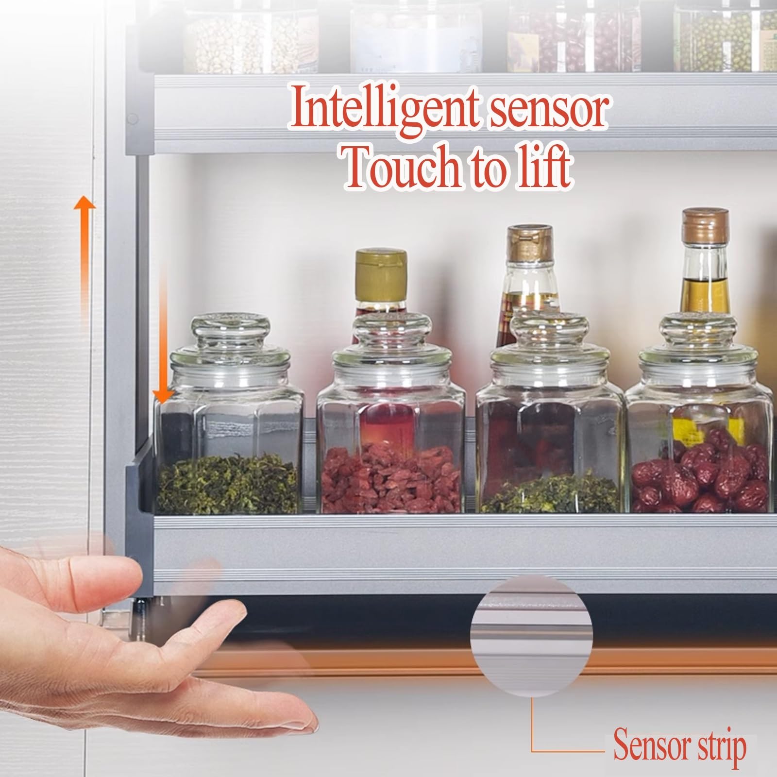 Organizador de especias extraíble, 2 niveles deslizables con interruptor táctil, se adapta a armarios superiores, capacidad de carga de hasta 20 kg, fácil acceso a condimentos