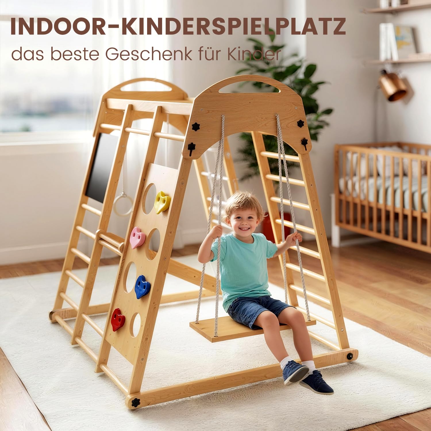 Klettergerüst Indoor Klappbar, Montessori 9-in-1 Holzspielplatz mit Rutsche, Schaukel & Kletternetz, Sprossenwand Kletterdreieck für Kinder 1-6 Jahre (Natur)