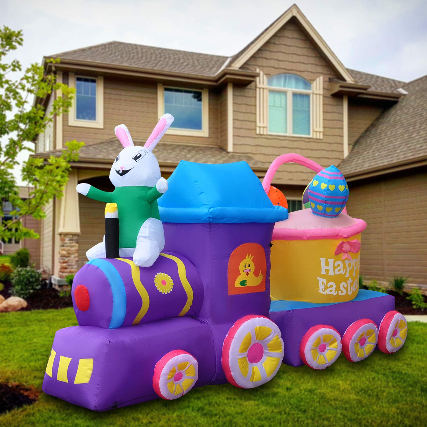 SEASONBLOW 7FT Inflatable Easter Train with Bunny Basket Colorful Eggs Decorations for Yard Garden Lawn Indoors Outdoors Home Holiday