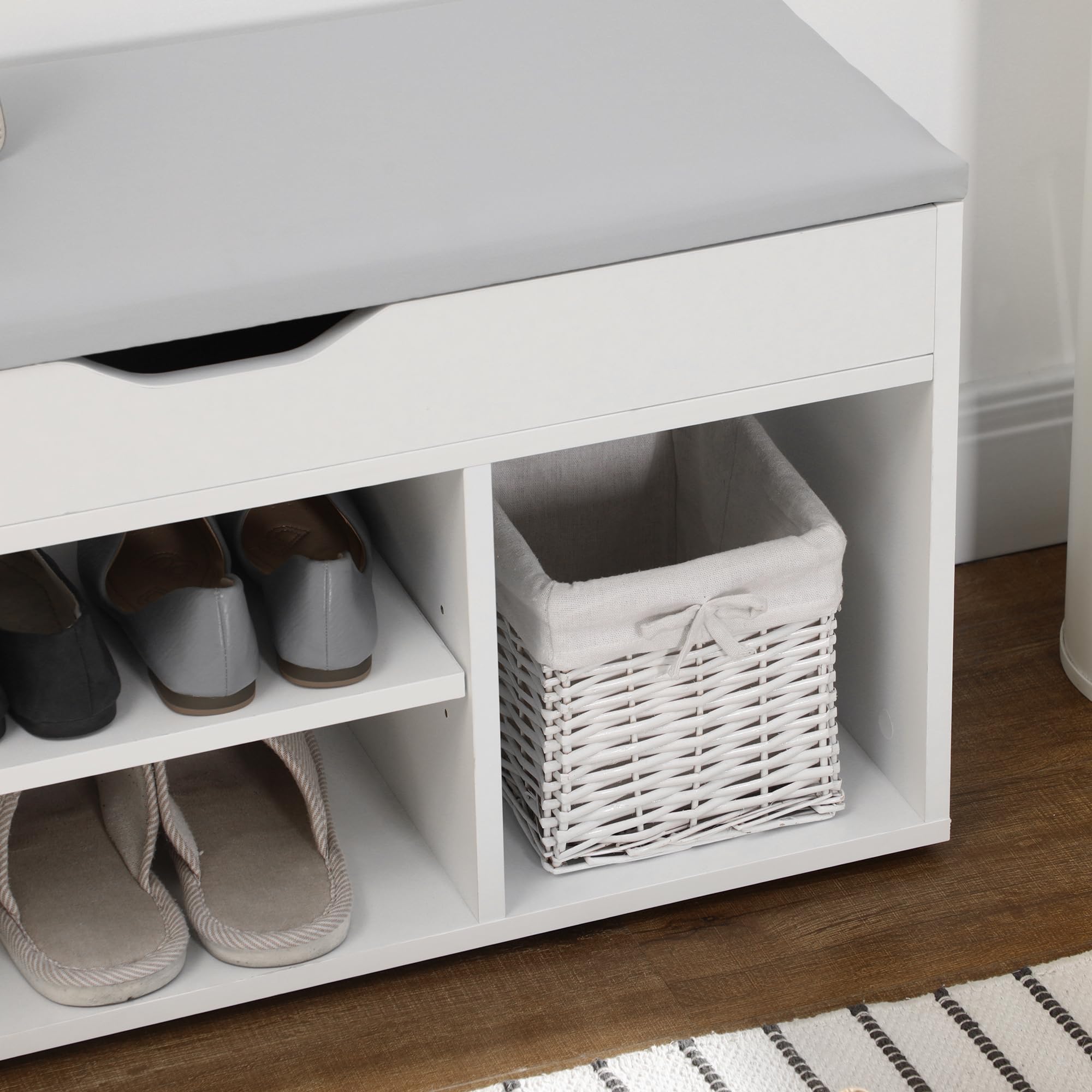 HOMCOM Armario Zapatero para Almacenamiento Banco de Zapatero con Asiento Estantes Cajón y Cojín Dos Niveles para Entrada y Recibidores Moderno Carga MAX 120kg 80x30x43cm Blanco