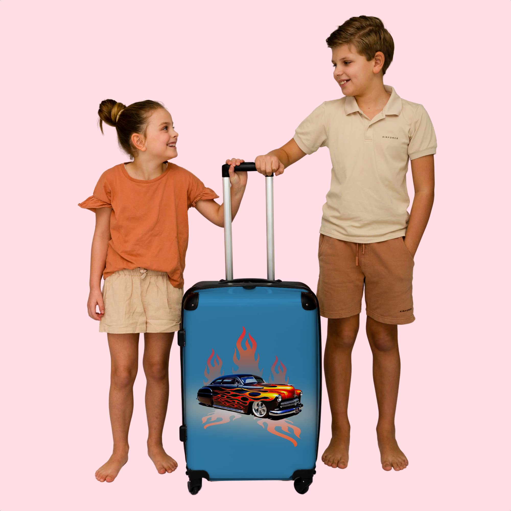 NoBoringSuitcases© Valigia Grande - 90 litri - da viaggio | Auto - Fiamme - Fuoco - Blu - Vintage - Chiusura a combinazione TSA - Trolley Rigido 4 ruote