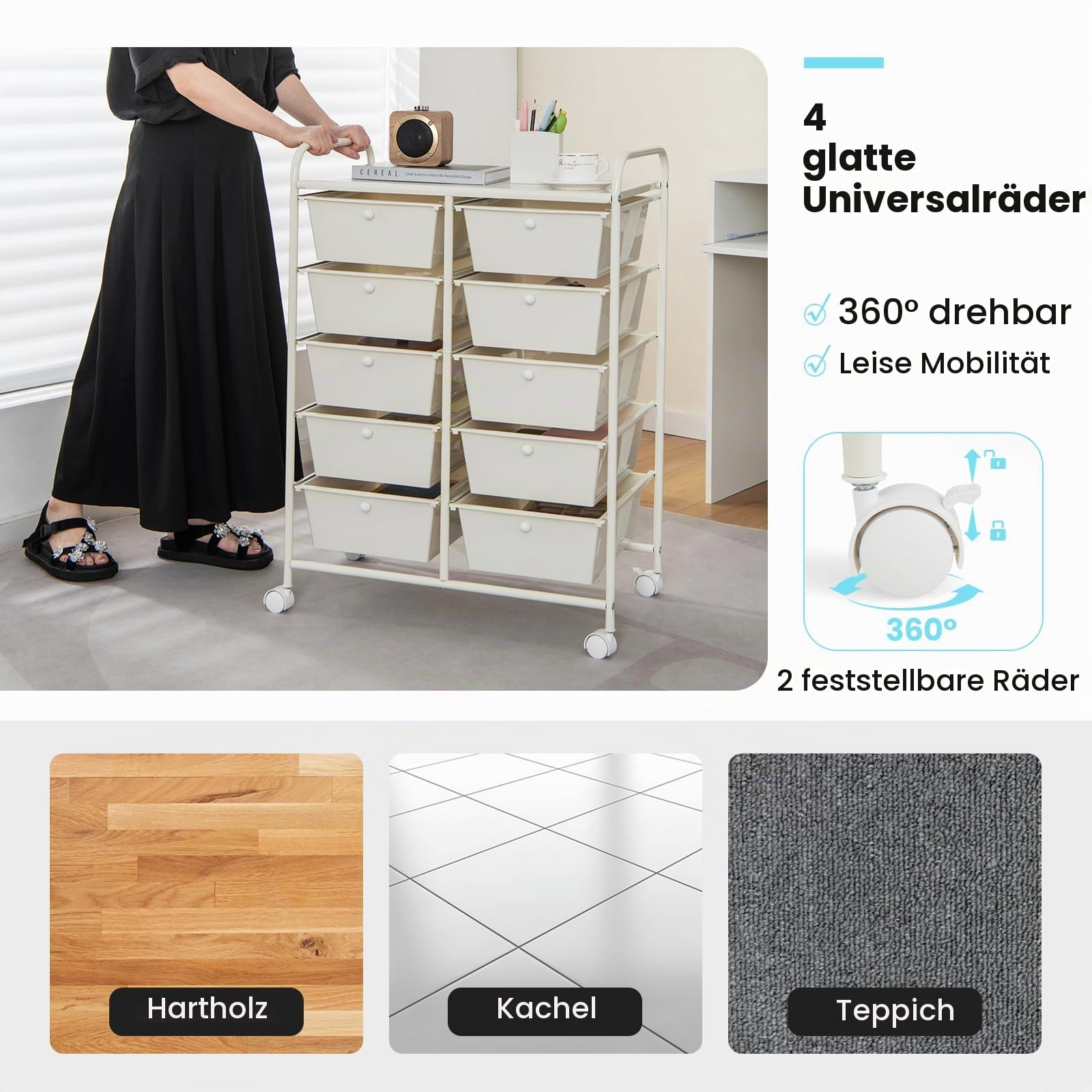 GIANTEX Rollwagen mit 10 Schubladen stapelbar, Schubladenwagen Badrollwagen Küchenwagen mit feststellbaren Rollen, Aufbewahrungswagen Haushaltswagen für Küche Bad Büro 65,5x37x87cm Weiß
