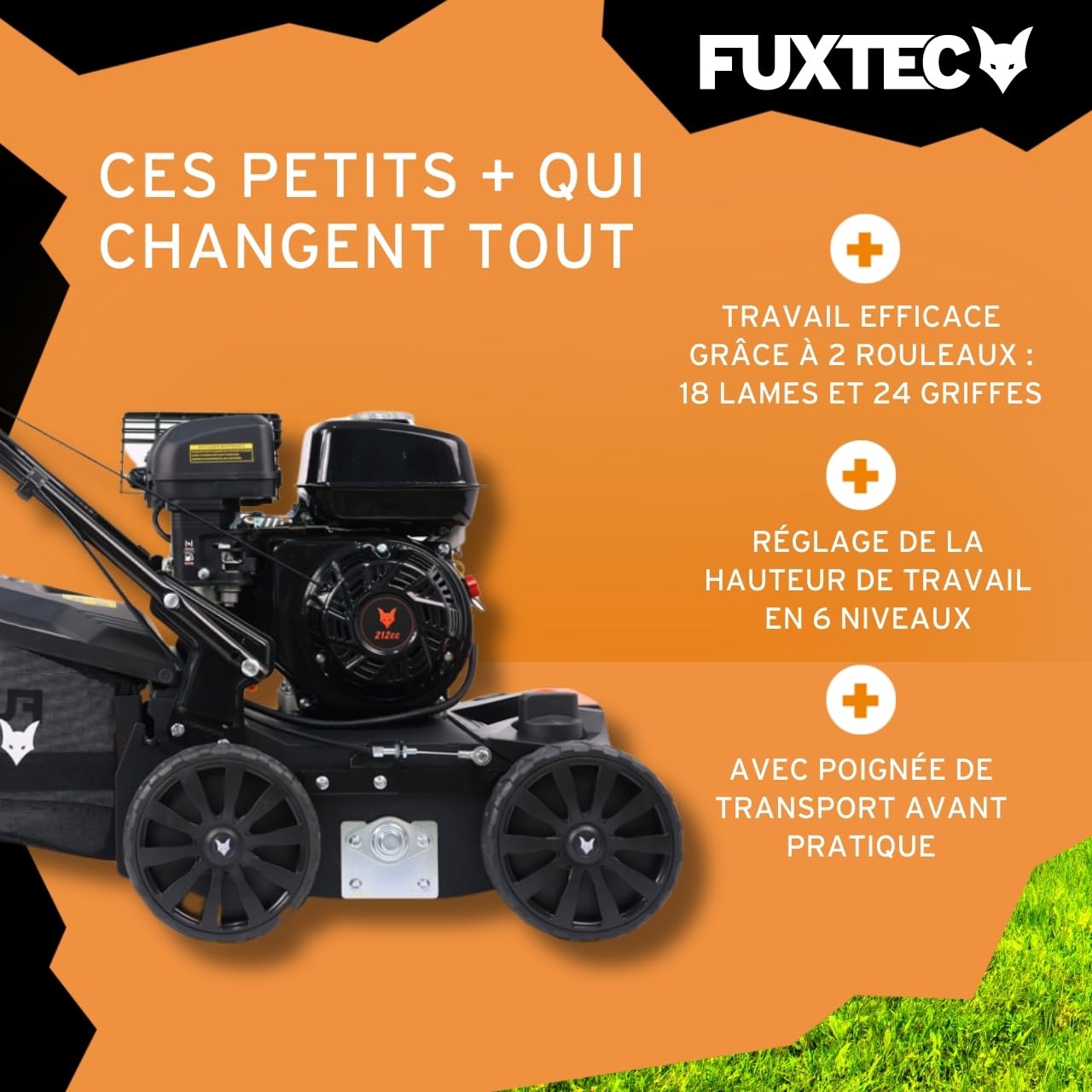 FUXTEC Scarificateur Aérateur Thermique 3en1 FX-BV240 Moteur 4 Temps 4,1kW Rouleau 18 Lames et 24 Griffes à Ressort Poignée de Transport et bac de ramassage de 45L