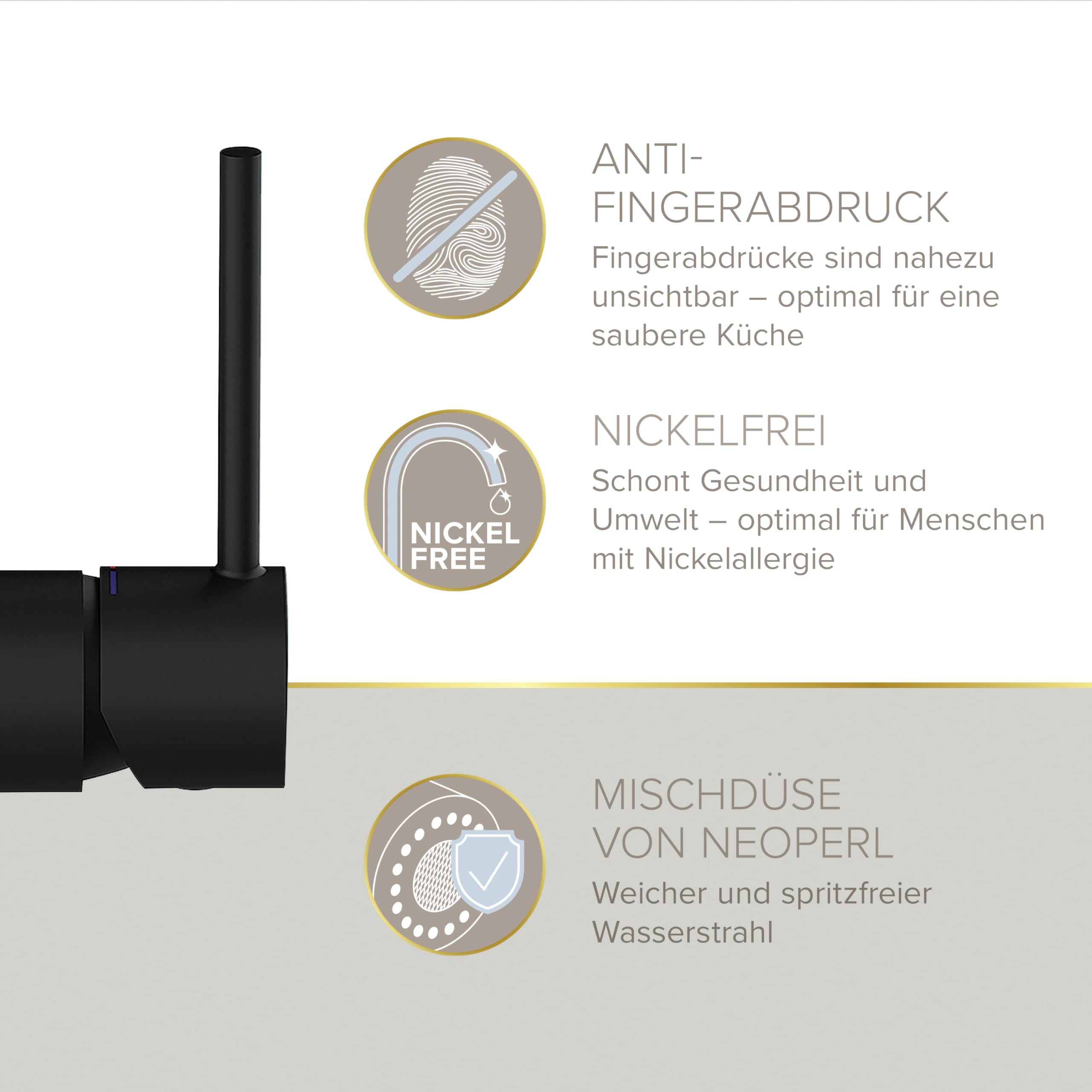 Lenz Küchenarmatur KALANI² in Schwarz-matt – Flexible Federbrause | Geschirrbrause mit 2 Strahlarten, Einfache Montage von oben, Anti-Fingerabdruck Oberfläche, Nickelfrei, Höhe 46 cm, 46070351