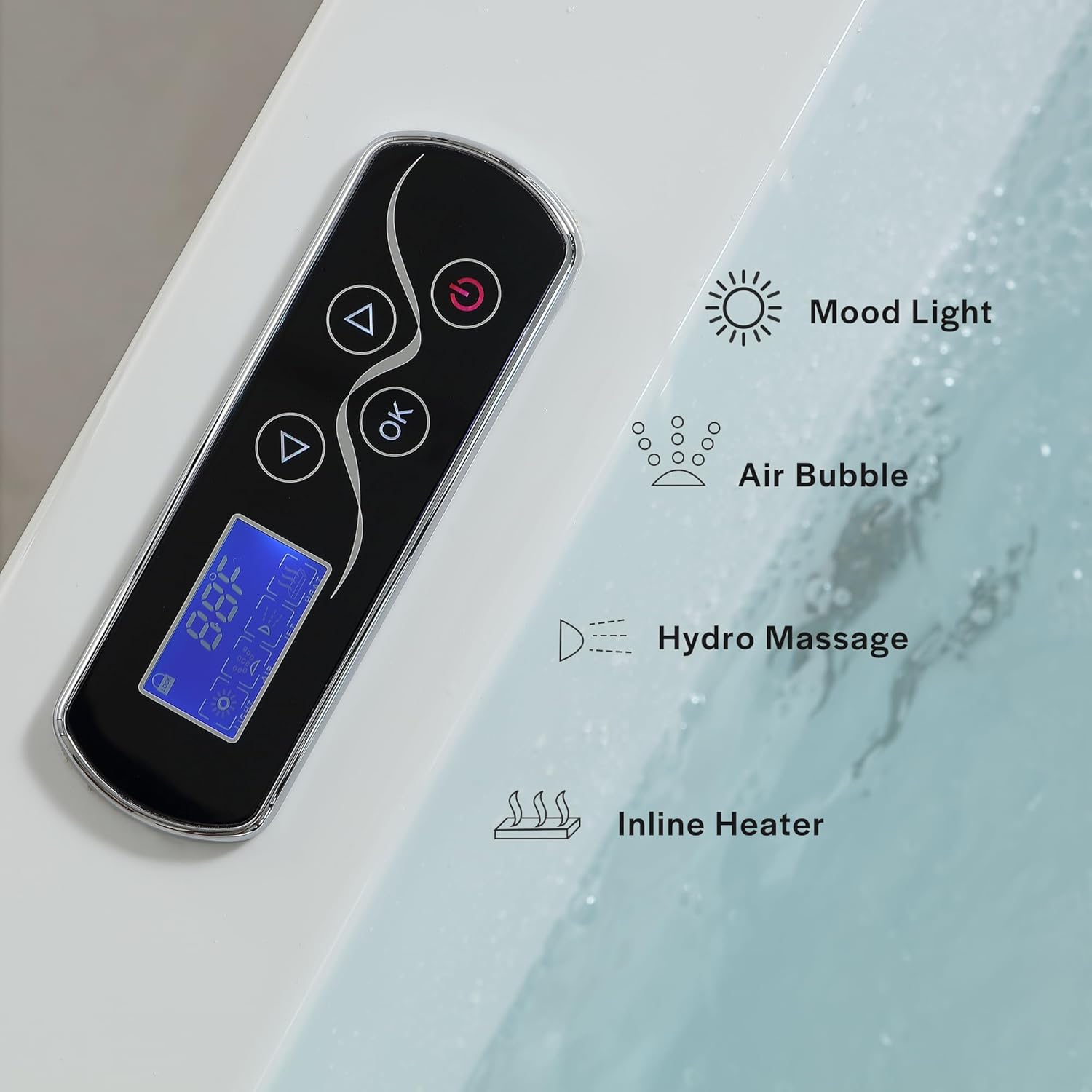 Empava Acrylic Whirlpool Bathtub, 71-Inch Jetted Bathtub with Healing Chromotherapy, Heated Soaking tub with LED Control Panel, Comforting Hydro Massage Tub with Waterfall, Black Hardware and Nozzles