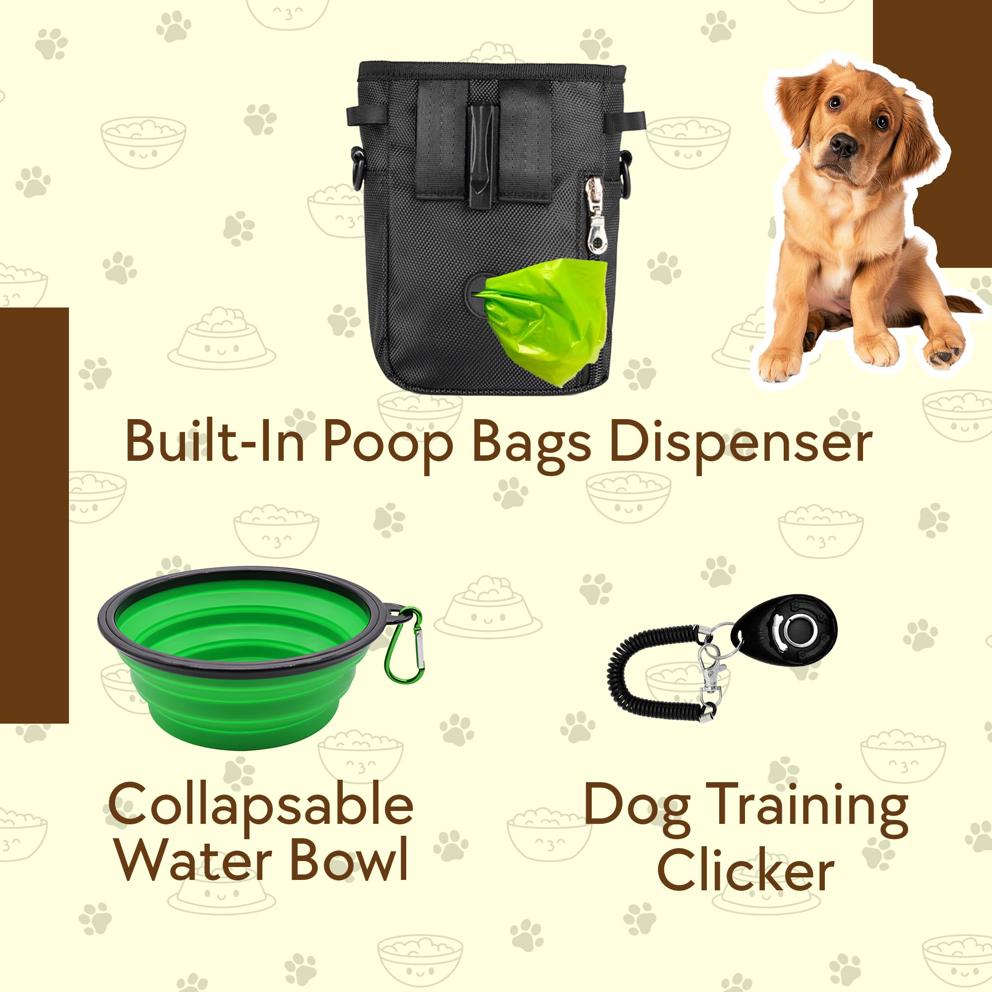 Zaifi 3 Cup Dog Treat Pouch and Training Clicker, Dog Walking Bag Waterproof with Collapsible Bowl - Image 2