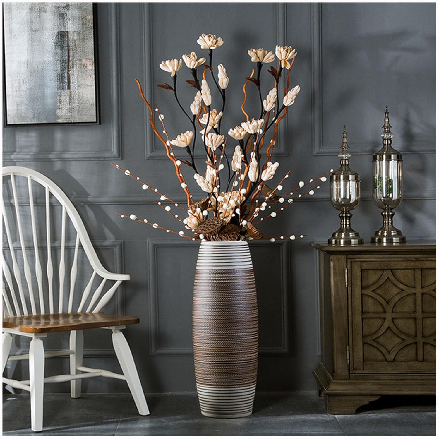 Vase Tabletop Floor Large Handmade Ceramic Brown Line Design Desktop Decoration Can Be Placed With Dried Flowers(60cm)