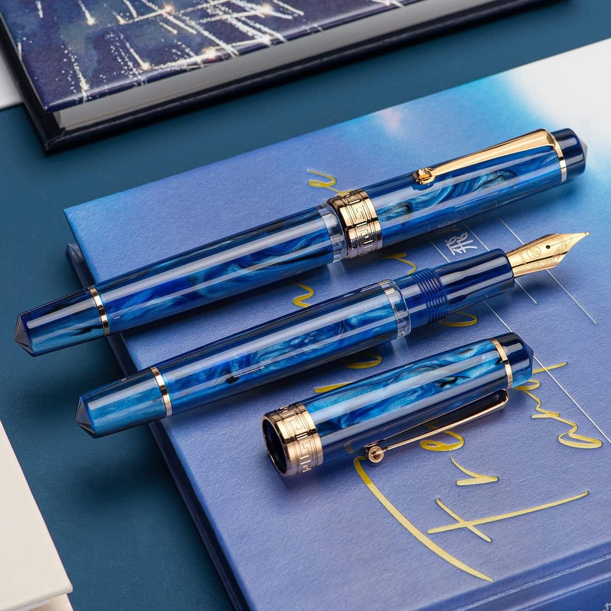 Asvine P20 Piston Fountain Pen Galaxy Blue Resin, Iridium Extra Fine Nib Gold Trim Smooth Writer Collection with Case Set
