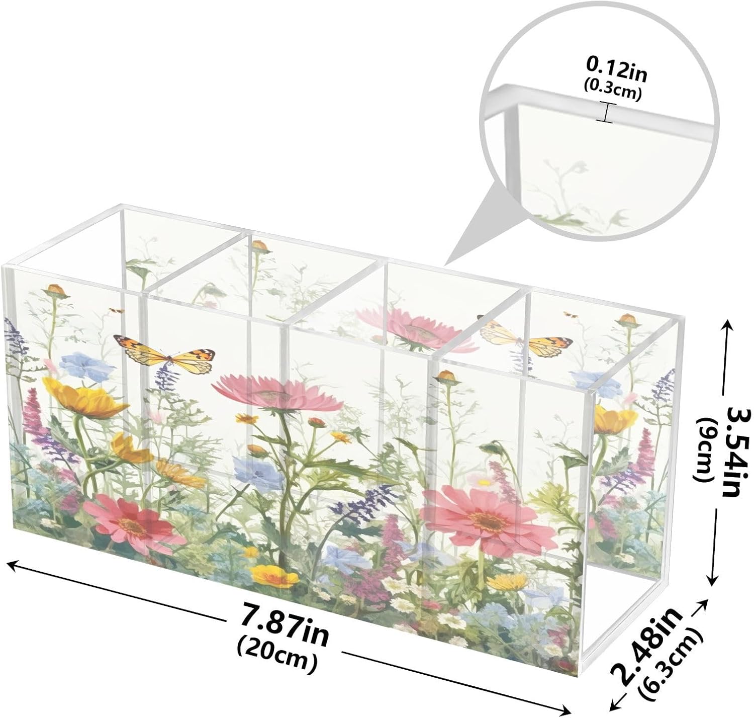 Wildflowers Butterfly Acrylic Pencil Holder 4 Compartments Clear Pen Holder Cup Makeup Brush Storage Organizer for Office Desk