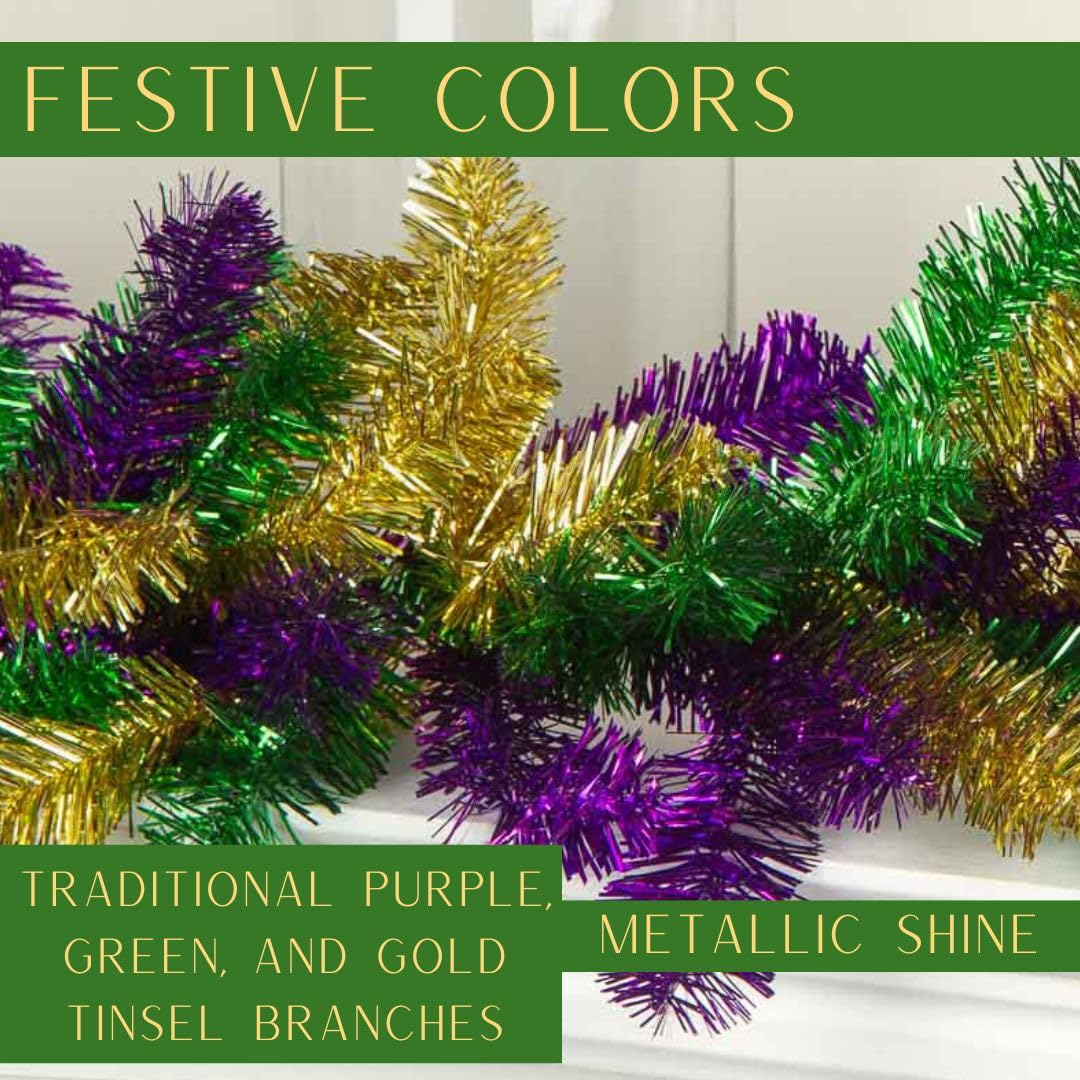 Factory Direct Craft Mardi Gras Metallic Tinsel Mantel Garland Runner - Festive Decor for Fat Tuesday and Carnival Parties (9 Feet Long)