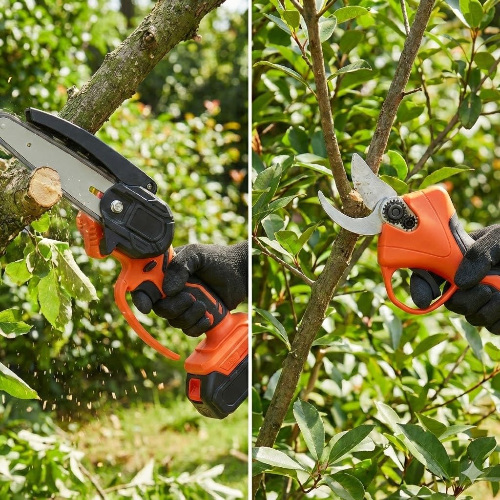 Kit de Poda a Batería con Motosierra, Tijeras Eléctricas y Pértiga Telescópica de 263cm, Incluye 2 Baterías, Cargador y Gafas, para Poda en Altura