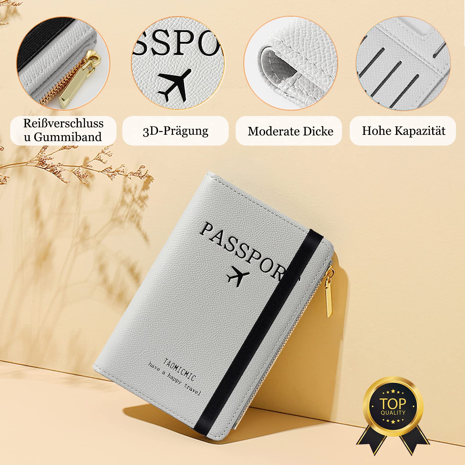 Toctax Custodia per Passaporto, Portafoglio da Viaggio, Copertina per Passaporto con Blocco Rfid, Custodia da Viaggio per Documenti di Viaggio, Portafoglio Multiscomparto con Cerniera (Grigio)