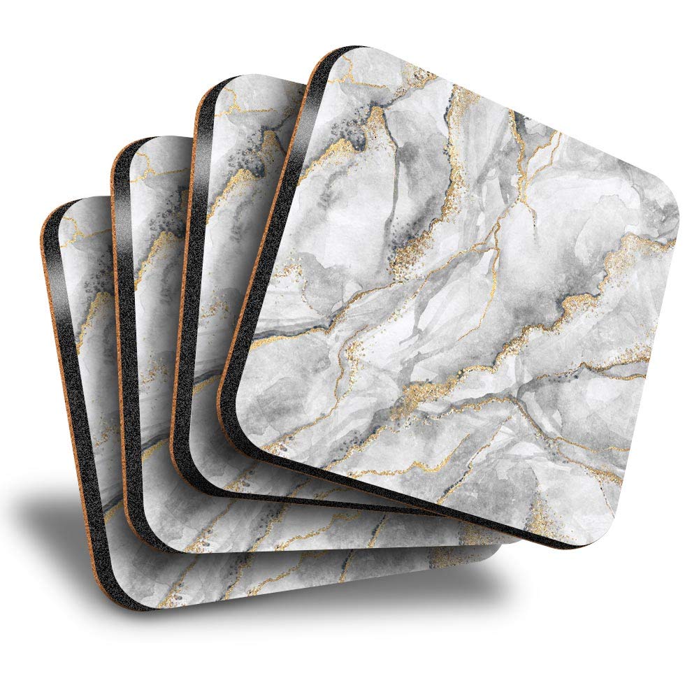 Destination Vinyl Ltd Great Coasters (Set of 4) Square - Grey White Gold Marble Effect Pattern Drink Glossy Coasters/Tabletop Protection for Any Table Type #24432