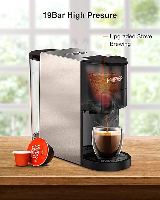 Cafetera, cafetera Homever 4 en 1 con varias cápsulas, adecuada para  cápsulas de café grandes/pequeñas, cápsulas de té y café en polvo, 19 bar,  ideal para llevar y en casa, acero inoxidable :