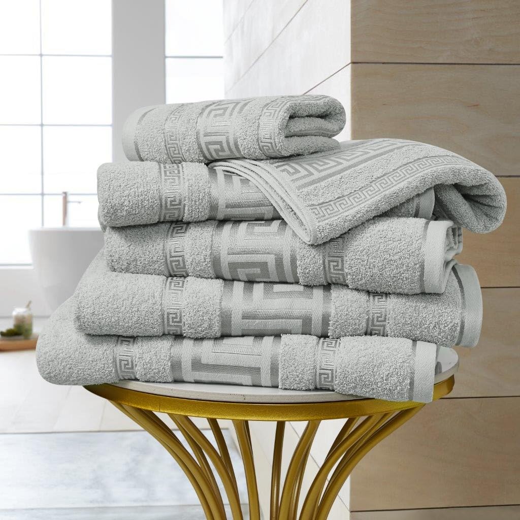 Artistic Fashionista Limited Pure Egyptian Cotton Hotel Quality Super Soft Thick & Absorbent REGENT GREEK Hand Towel, Bath Towel, Bath Sheet (Silver, Bath Sheet - Pack 3)