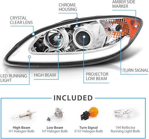 Miniatura 4 de AmeriLite Par de faros delanteros de repuesto con barra de luz LED cromada para 2008-2016 International ProStar - lado del pasajero y del conductor