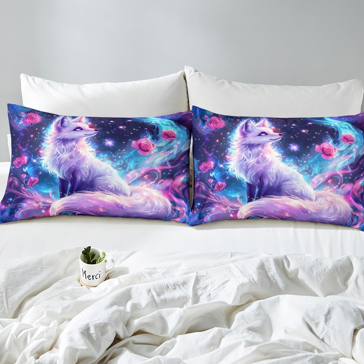 Fox Bedding Set Toddler Size,Pink Rose Flower Duvet Cover Set 2Pcs for Kids Girls Boys Teens Bedroom Decor,Dreamy Starry Sky Galaxy Comforter Cover Wild Animals Quilt Cover,1 Pillowcase