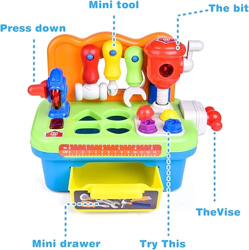 Miniatura 2 de FUN LITTLE TOYS Banco de trabajo y kit de herramientas de juguete de construcción con sonido y música, juego de herramientas para bebés con