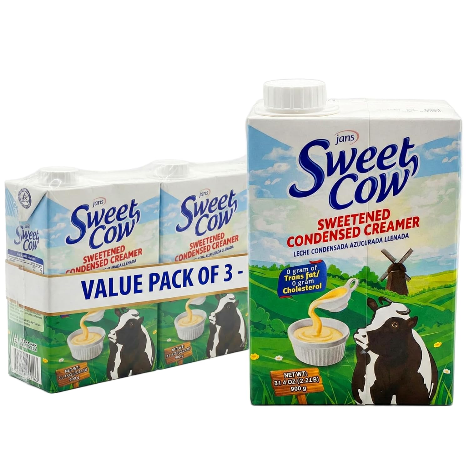 Jans Sweet Cow Sweetened Condensed Creamer | Rich & Creamy Tetrapak Liquid Creamer | 0g Trans Fat & Cholesterol | 31.4 oz (900g) Large Size (Pack of 3)