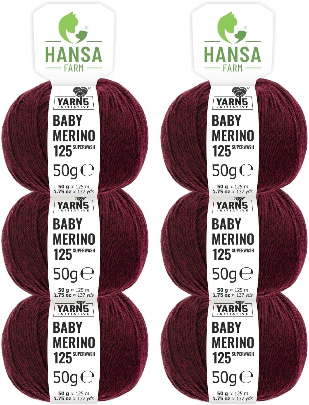 HANSA-FARM 100% extra-fine superwash merino wool in 35+ colours (non-itchy) - 300g set (6 x 50g) - Baby merino wool for knitting and crocheting in 4 yarn thicknesses Wine-Red Heather