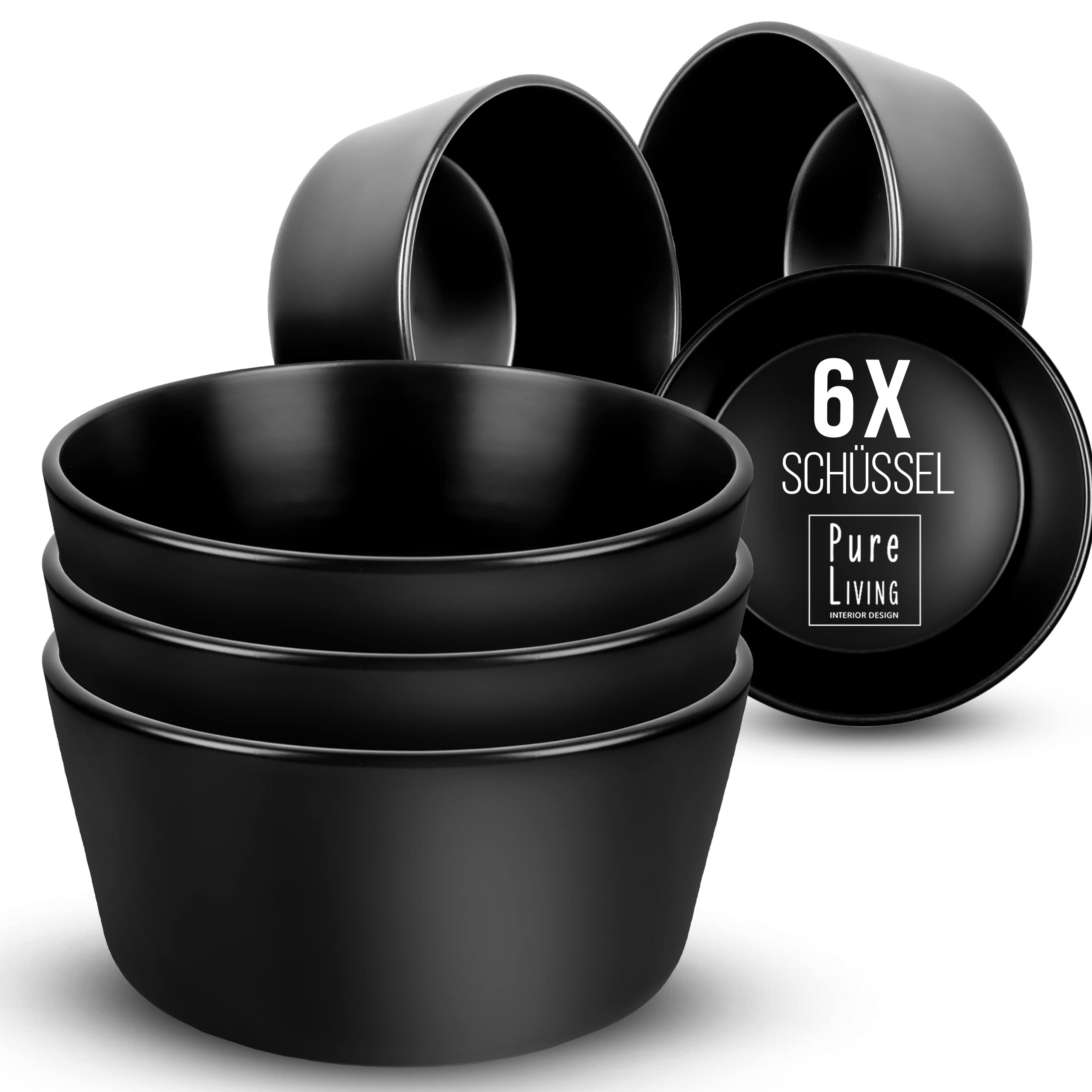 PURE LIVING INTERIOR DESIGN Urban Black Line Cereal Bowls Set of 6 Manhattan in Matt Black - Premium Stoneware for Dishwasher, Microwave - Stylish Cereal Bowls, Bowls, Soup Bowl Set