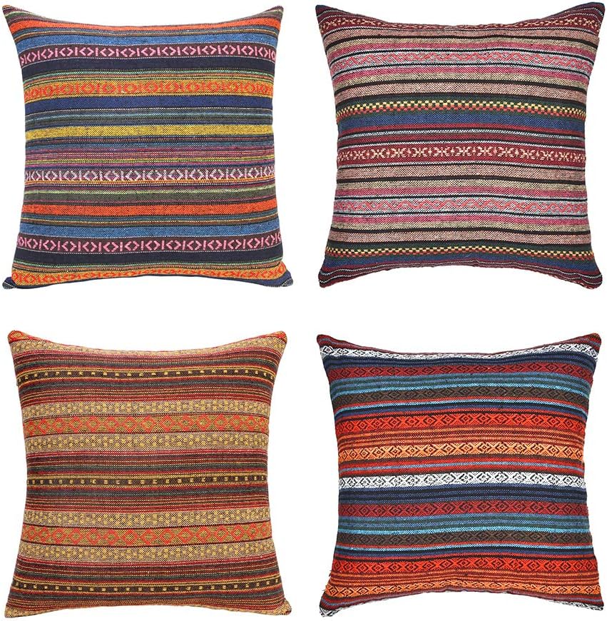 Merrycolor Decorative Throw Pillow Cover for Couch Sofa Bed Bohemian Retro Stripe Cotton Blend Linen Pillow Case 4 Pieces, 18''x18''inches