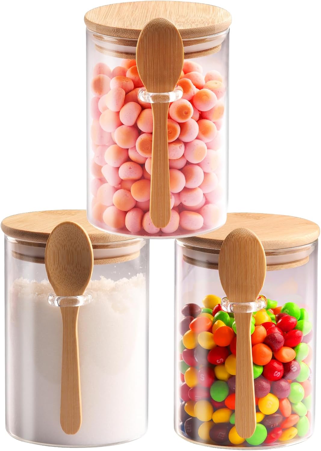 3 Pcs 20oz Clear Glass Jars with Airtight Bamboo Lids & Spoons, Food Storage Containers for Dry Goods, Bath Salts, Soaps