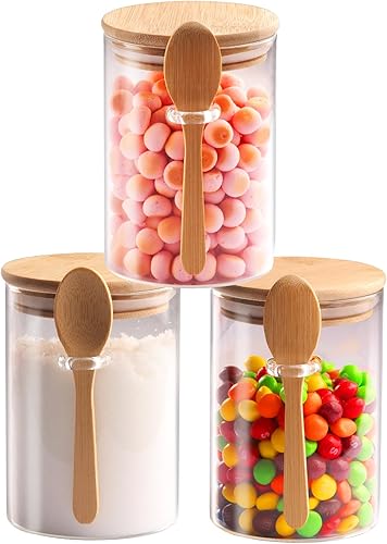 Juego de 4 tarros de vidrio herméticos con tapas y cucharas de bambú, recipientes de vidrio de borosilicato decorativos y duraderos de 20 onzas,