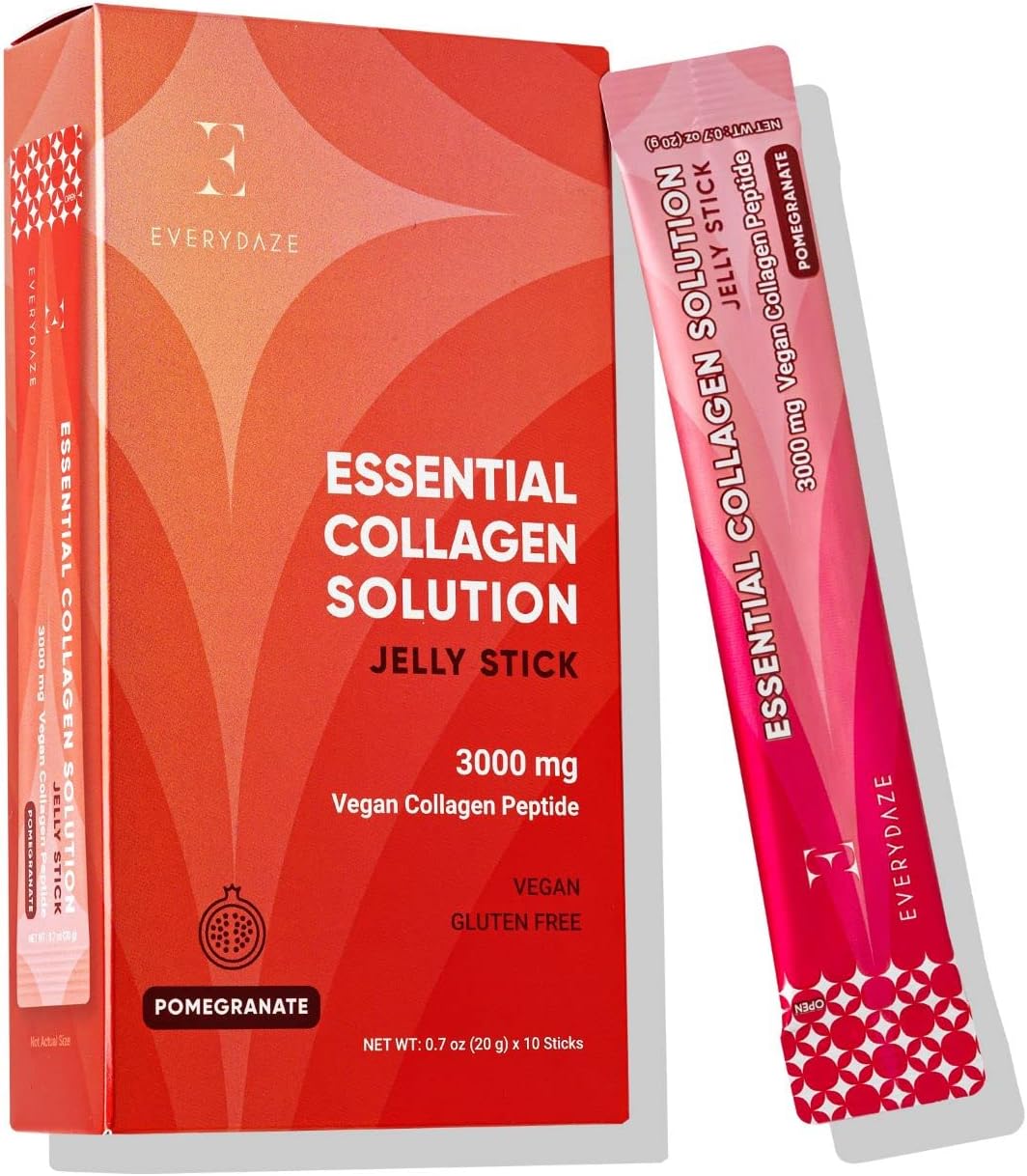 EVERYDAZE Essential Collagen Solution Jelly Stick | Vegan Collagen Peptide | Pomegranate | 10 Packs | Hair, Skin, Nails, Beauty, Bone | Vitamins, Minerals, Antioxidants for Men & Women