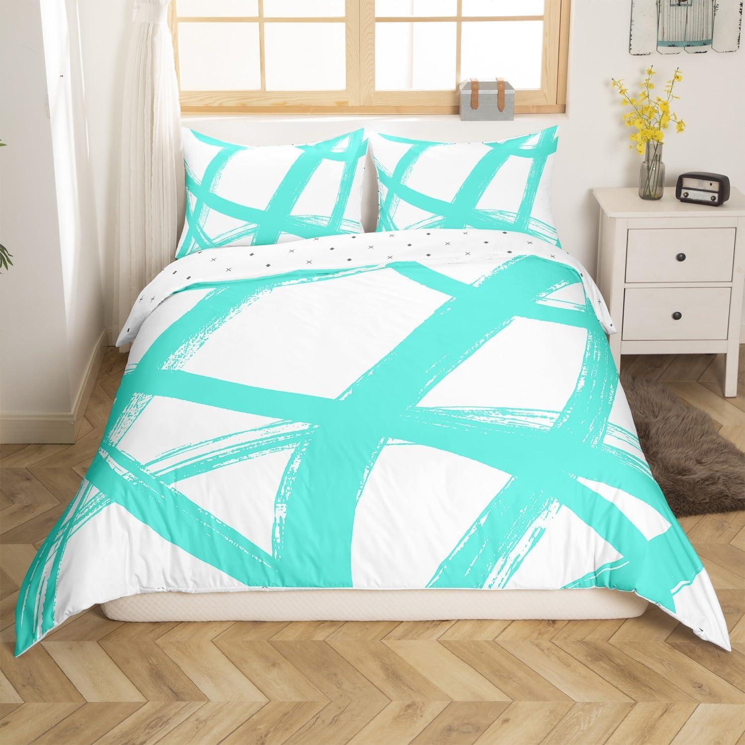Erosebridal Turquoise and White Duvet Cover King,Abstarct Geometric Comforter Cover,Modern Stripes Lines Bed Set,Neutral Aesthetics Room Decor with Corner Ties