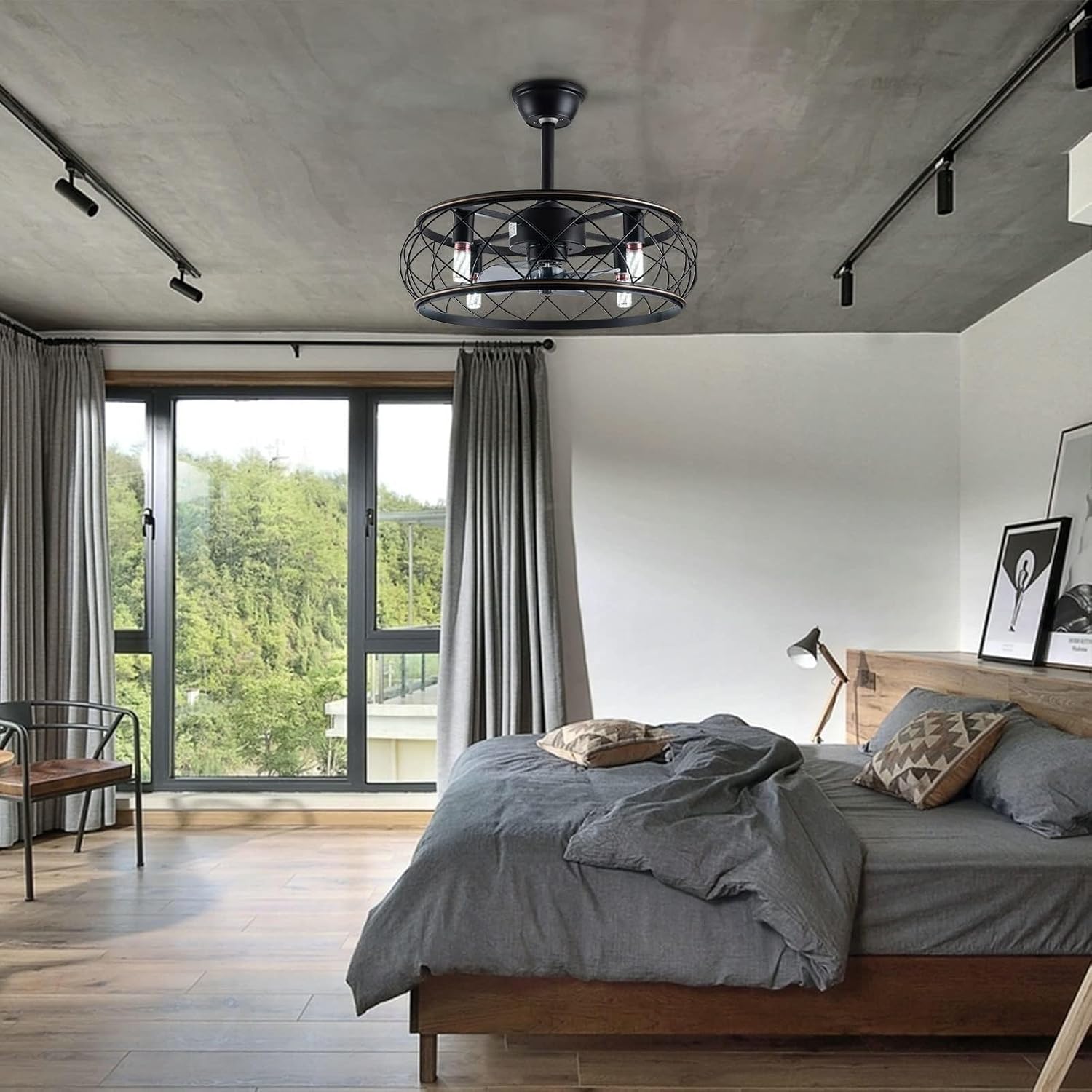 18 Inch Modern Ceiling Fan with Light,Indoor Industrial Metal Caged Drum Chandelier Fan with Remote Control