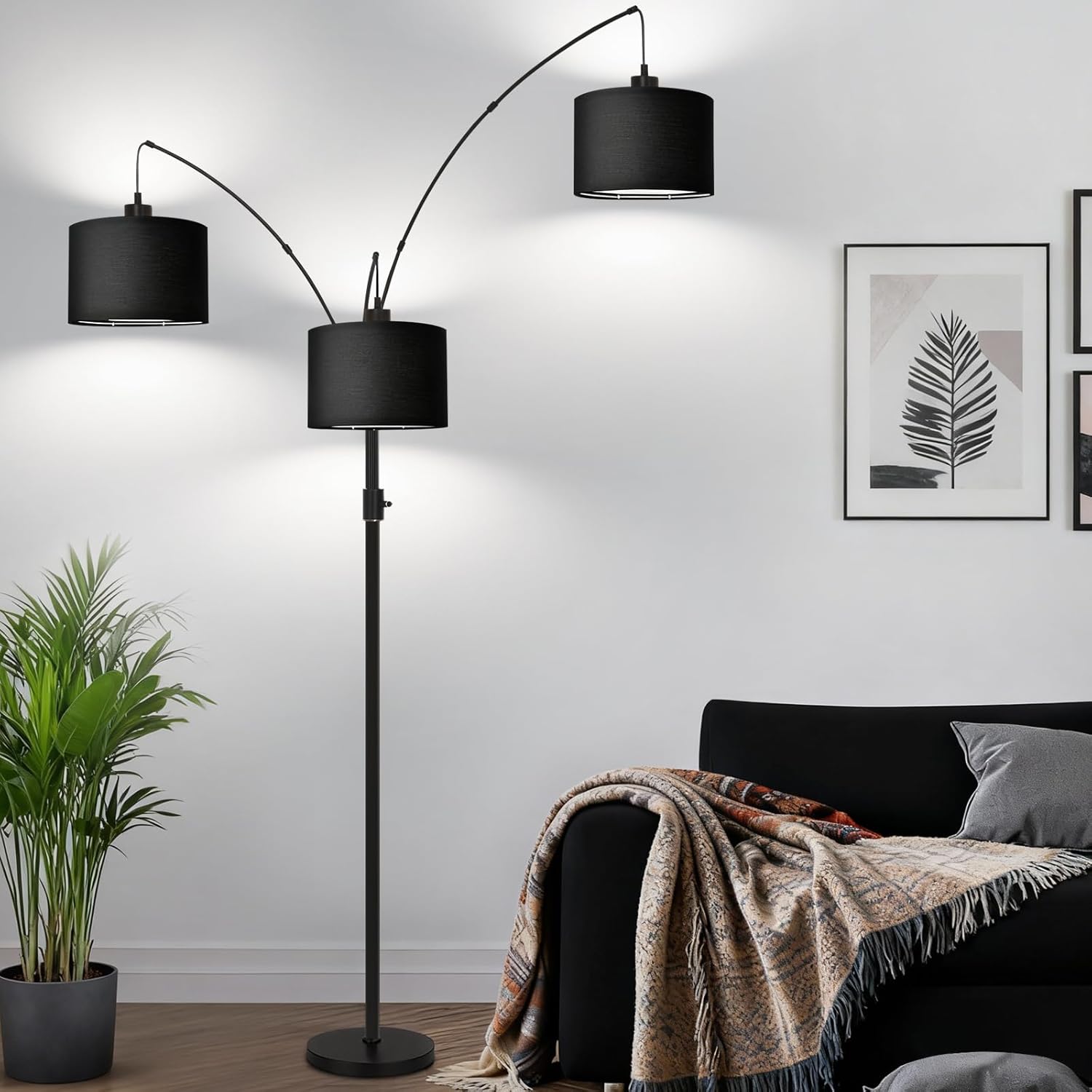 Dimmable Floor Lamp - 3 Lights Arc Floor Lamps for Living Room,Modern Tall Standing Tree Lamp with Black Linen Shade & Heavy Base,Mid Century Floor Lamp for Bedroom Corner Office, 3 LED Bulbs Included