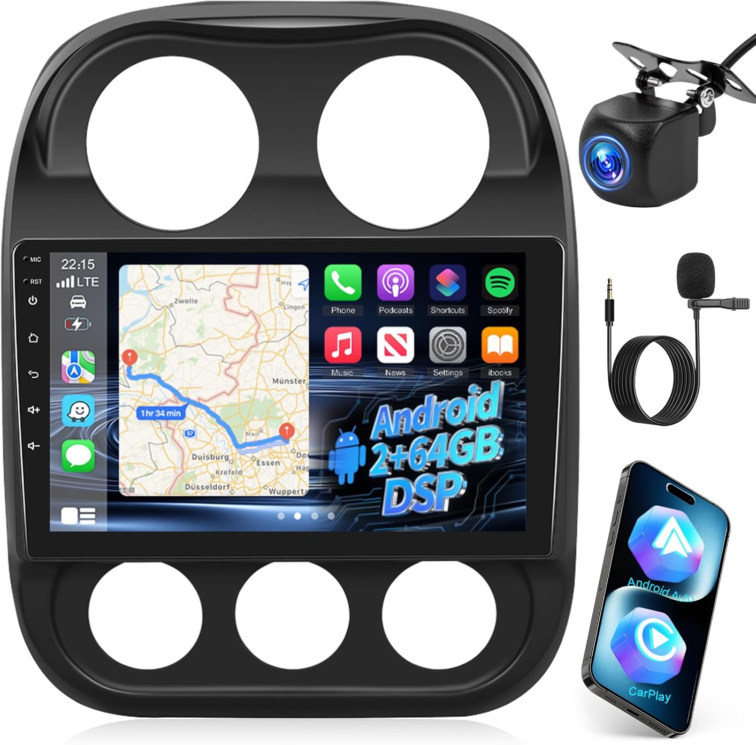 NHOPEEW Android Radio for Jeep Compass Patriot 2010-2016: 10.1 inch Touch Screen Aftermarket Stereo with Wireless Carplay and Android Auto, 5G/WiFi, DSP/EQ, GPS, Split Screen, SWC + AHD Backup Camera