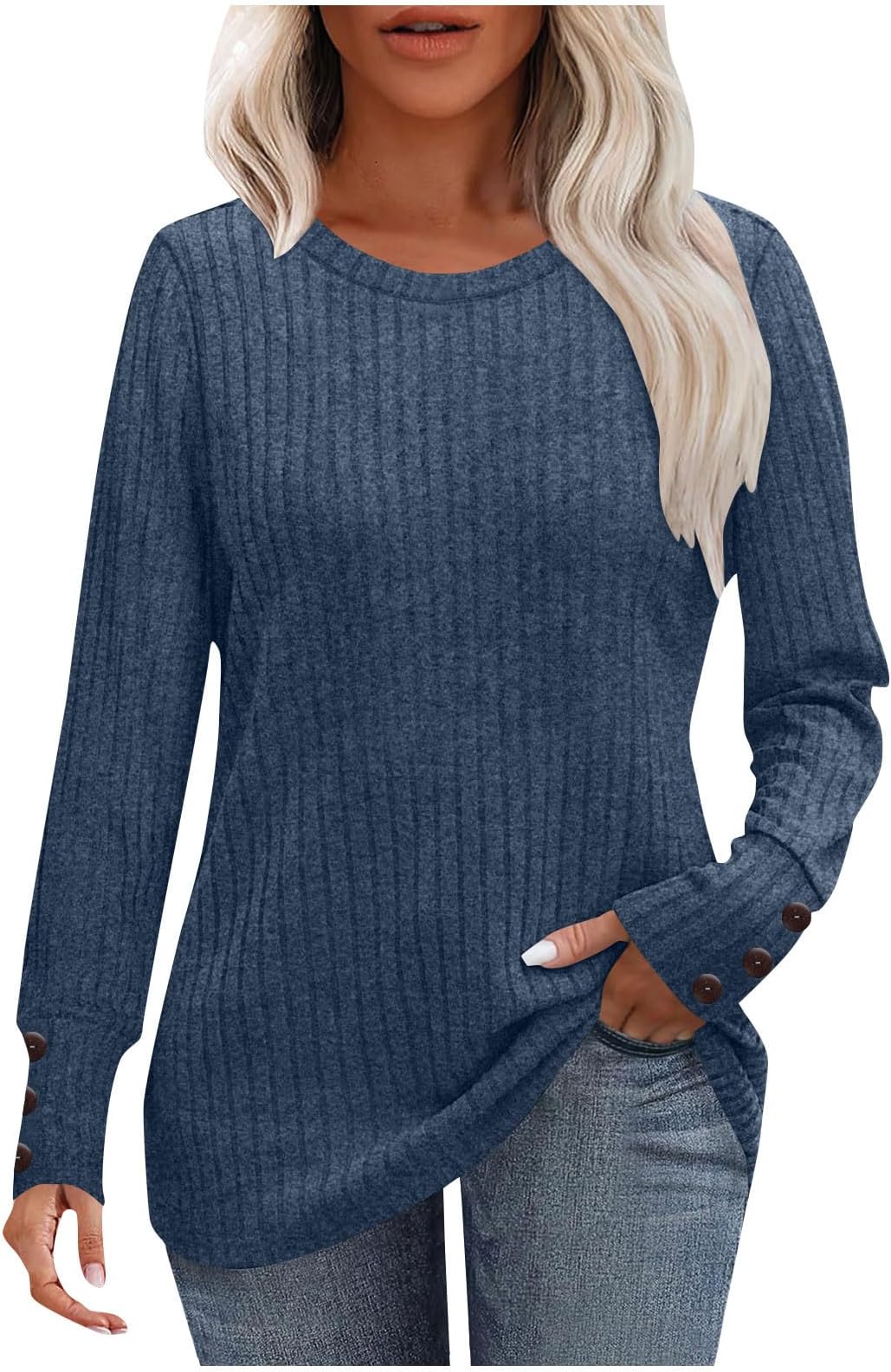 Womens Long Sleeve Sweaters Button Cuff Ribbed Knit Sweaters 2025 Fashion Lightweight Casual Crewneck Tunic Tops