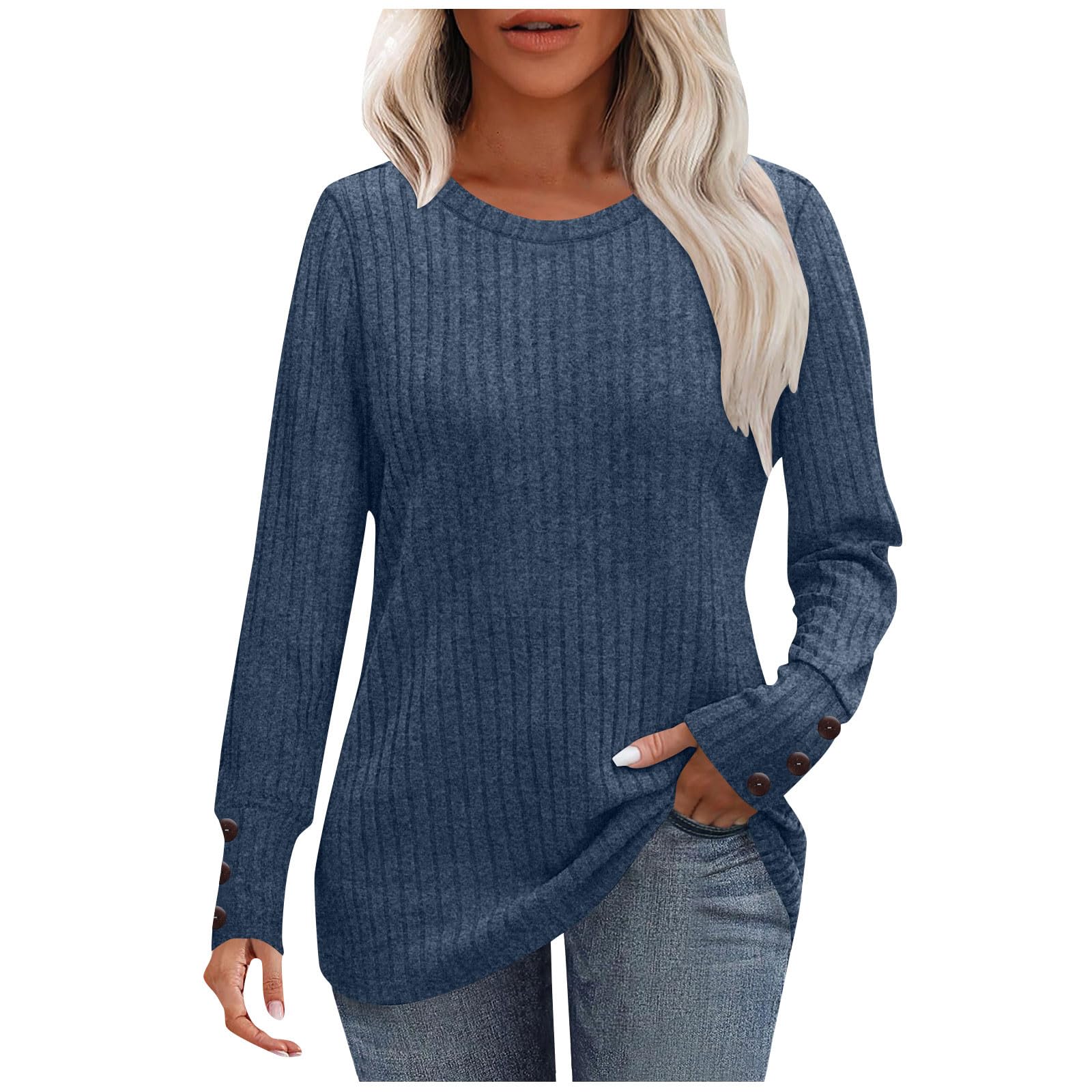 Womens Long Sleeve Sweaters Button Cuff Ribbed Knit Sweaters 2025 Fashion Lightweight Casual Crewneck Tunic Tops