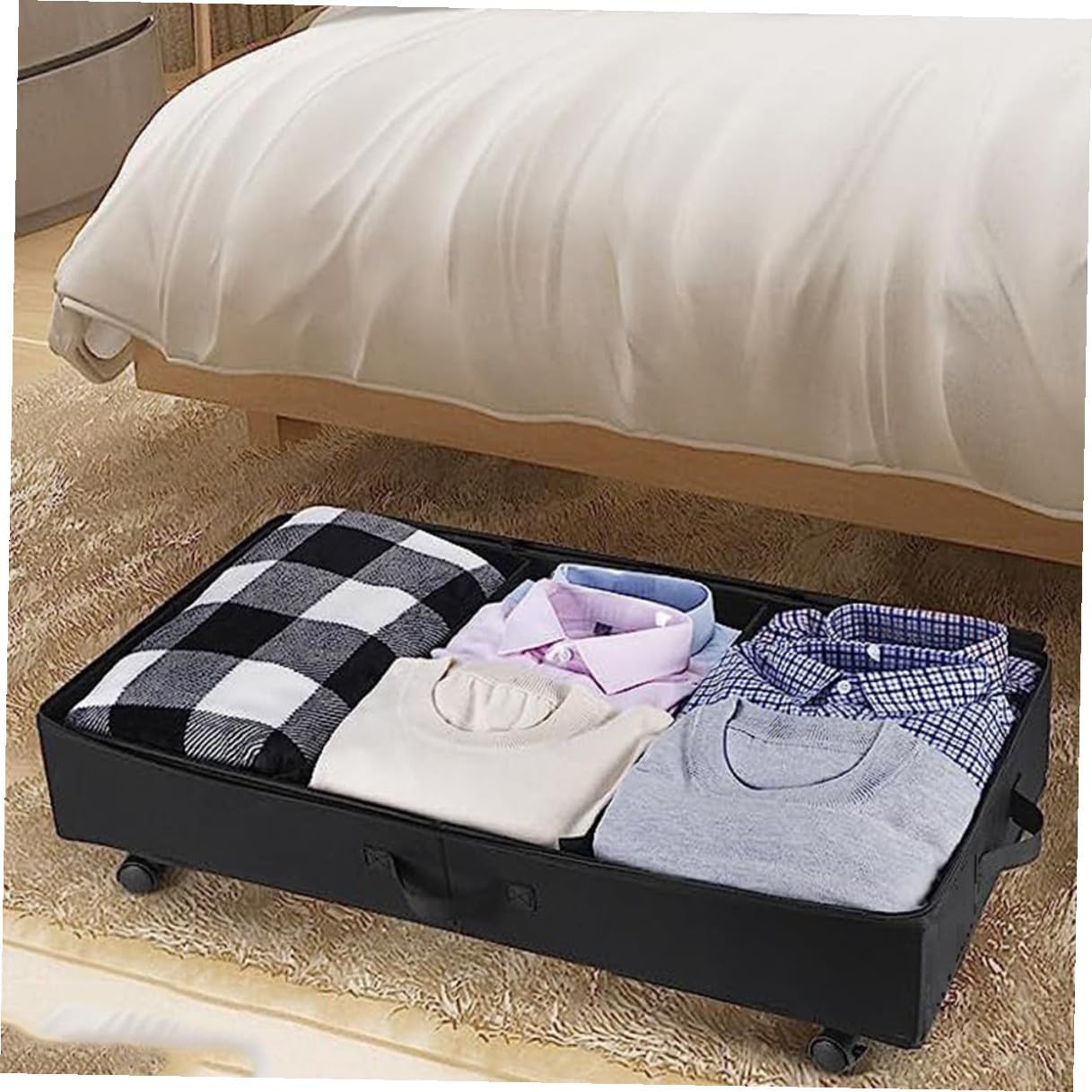 -bed Storage Bin with Wheels 3-grid Oxford Cloth Zippered Organizer Large Capacity Dustproof Storage Box for Clothes Quilts