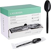 LAOJBABA Heavy Duty Black Disposable Plastic Spoons 7 Inch Individually Wrapped 100 Pack for Takeout Parties