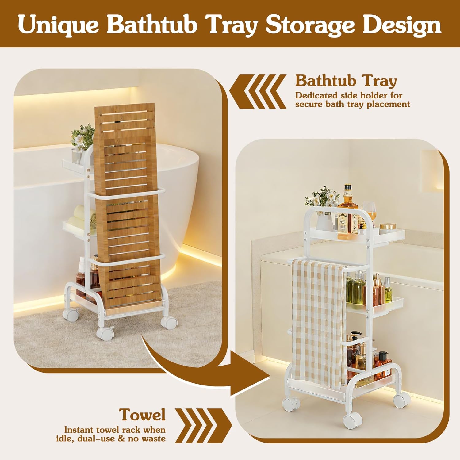 Bathroom Cart with Bathtub Tray Holder, Bathroom Organizers and Storage, Small Slim Shelf Organizer with Bath Tub Caddy Rack, 3 Tier Narrow Skinny Acrylic Rolling Cart for Laundry Room Living Room