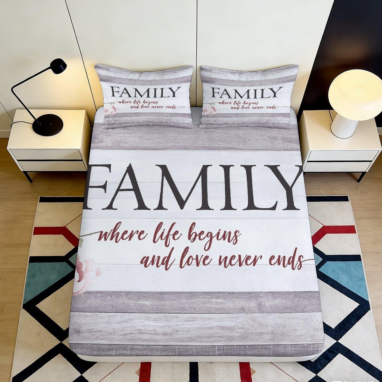 Dhbaneiok Style-1 3D Printed Family Quote Fitted Sheet Microfiber Soft Decorative Text Bed Cover For Bedroom Guest Room 90X200x25cm