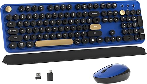 Miniatura 7 de Combo de teclado y mouse inalámbricos de color con teclas redondas estilo máquina de escribir, diseño retro, interruptor de encendido, diseño negro,
