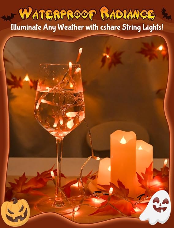 cshare Orange Halloween String Lights Battery Operated with Timer, 9.8ft 30 LED Waterproof Fairy Lights Clear Wire for Pumpkin, Wreath, Porch, Trunk or Treat, Fall Thanksgiving Indoor Outdoor Decor