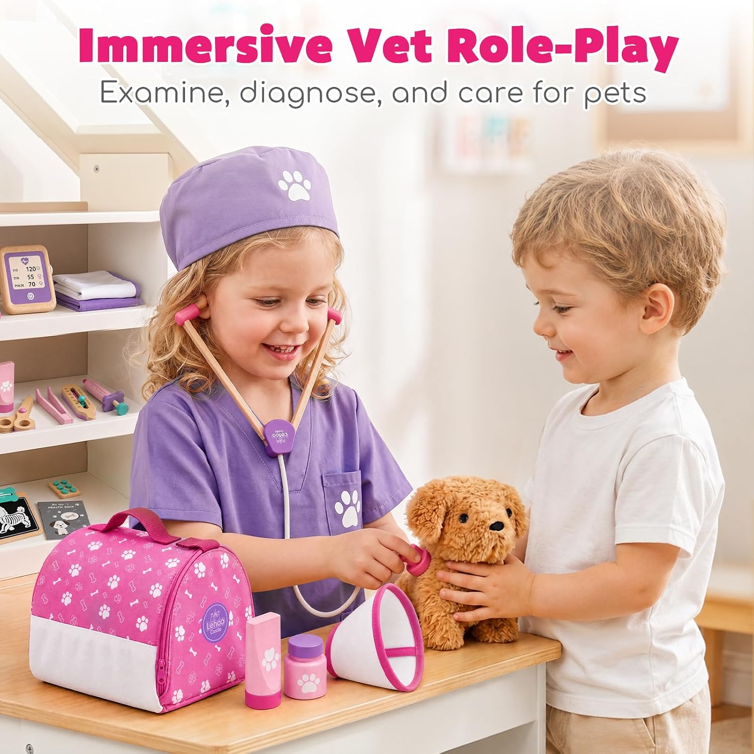 Lehoo Castle Wooden Doctor Kit for Toddlers 3-5, Vet Toys for Kids(Pink) image 2