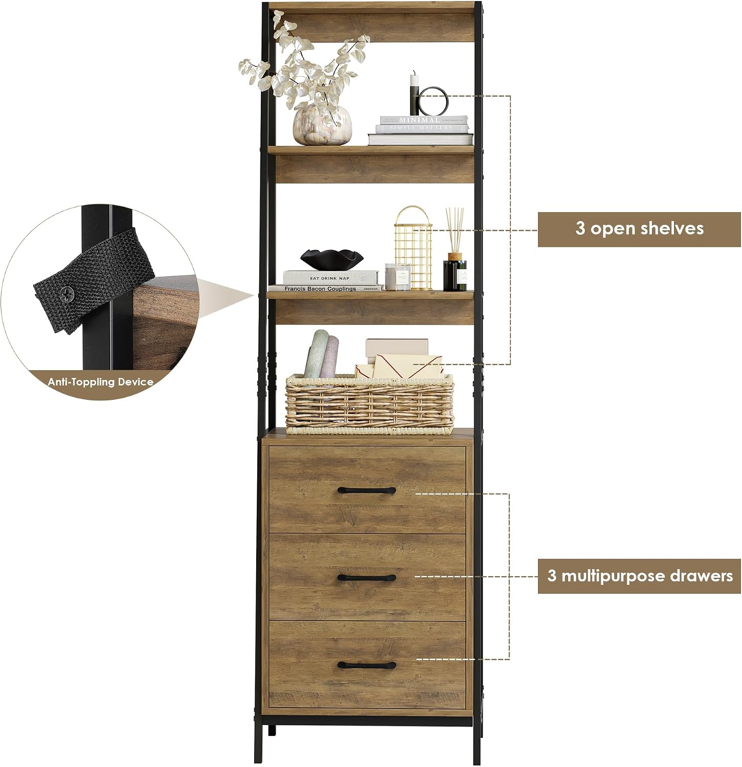 3-Tier Ladder Shelf with 3 Drawers, Wooden & Metal, Stylish Storage Rack for Living Room, Bedroom, Home Decor, Book nizer (Brown)