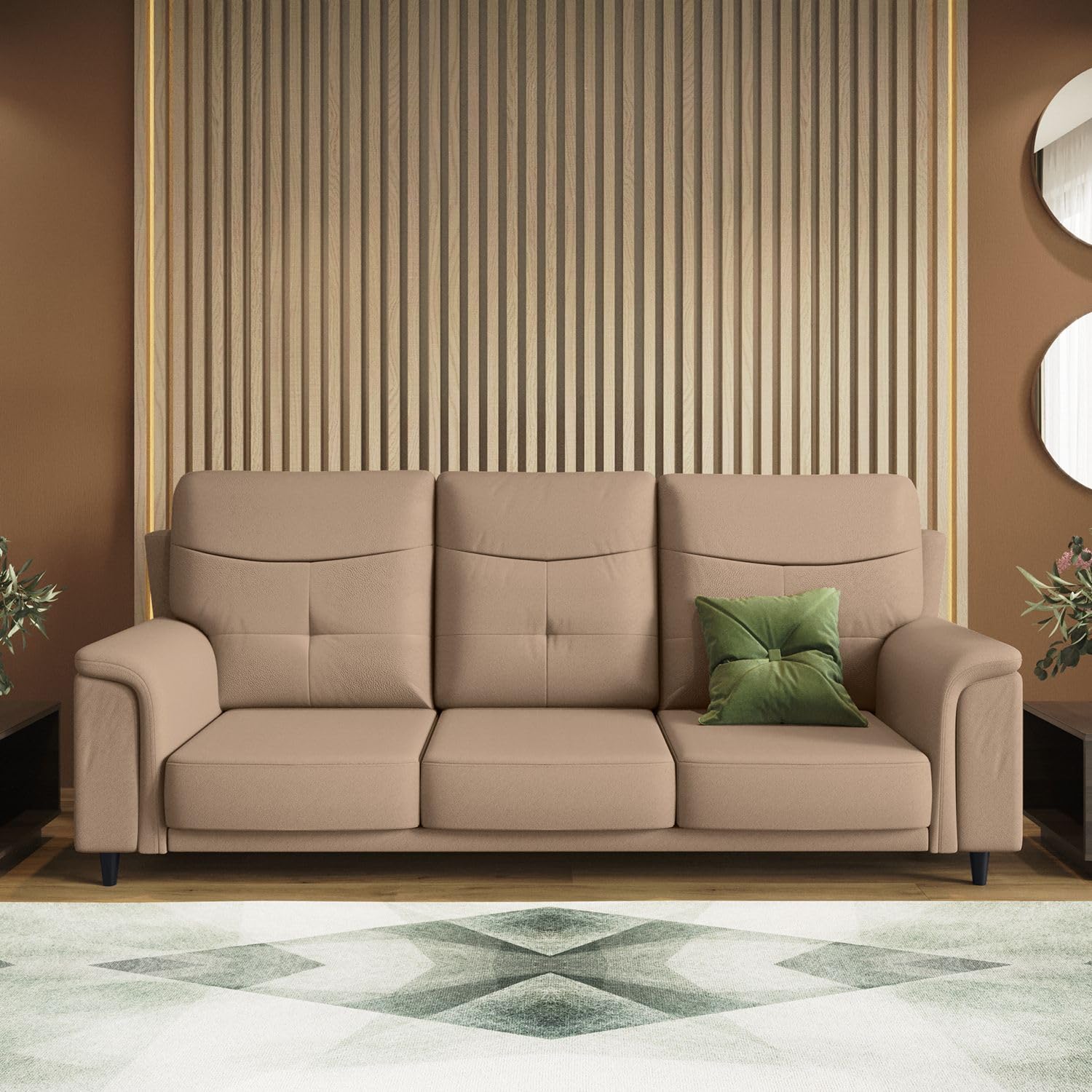 godrej interio sofa opulence 3 seater synthetic leather sofa for living room, 1-year warranty, solid wood, camel