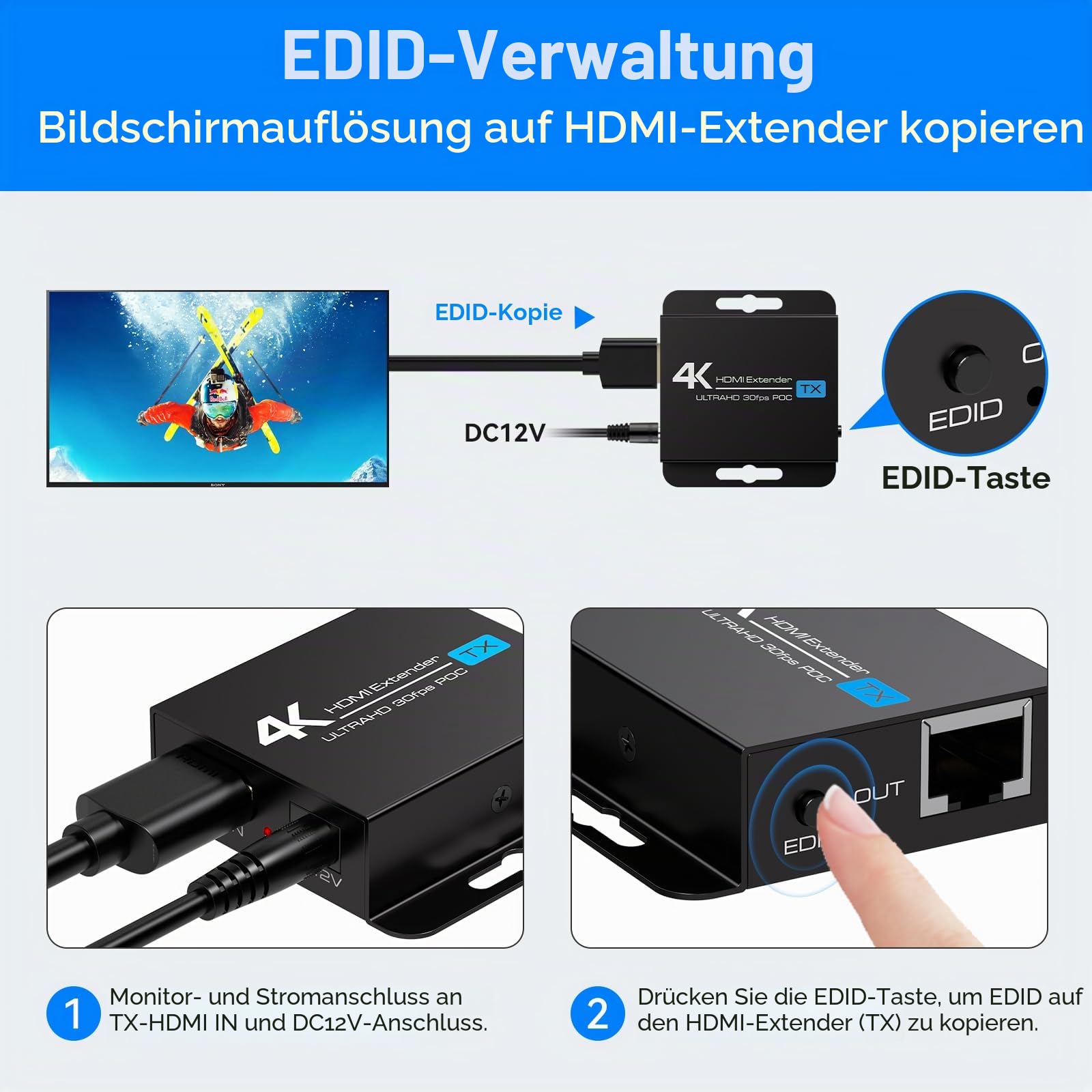 VEDINDUST 4K30HZ HDMI Extender 131FT 40M HDMI Over Ethernet RJ45 über Cat5e/Cat6 Kabel Übertragung Transmitter Repeater Unterstützt 1080P 3D POC EDID
