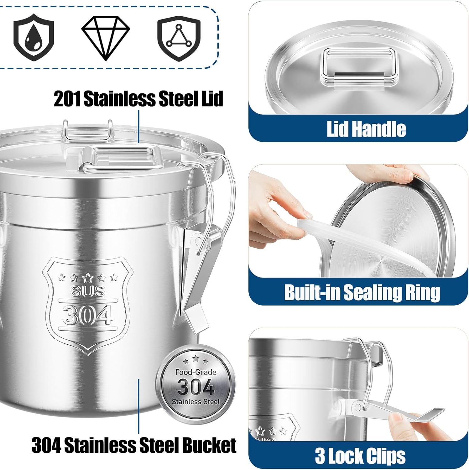 1.6Gal/6L Stainless Steel Airtight Canister, Airtight Food Storage Container with Lid and Lock Clips, 304 Stainless Steel Canister for Rice, Flour, Grain, Coffee Bean