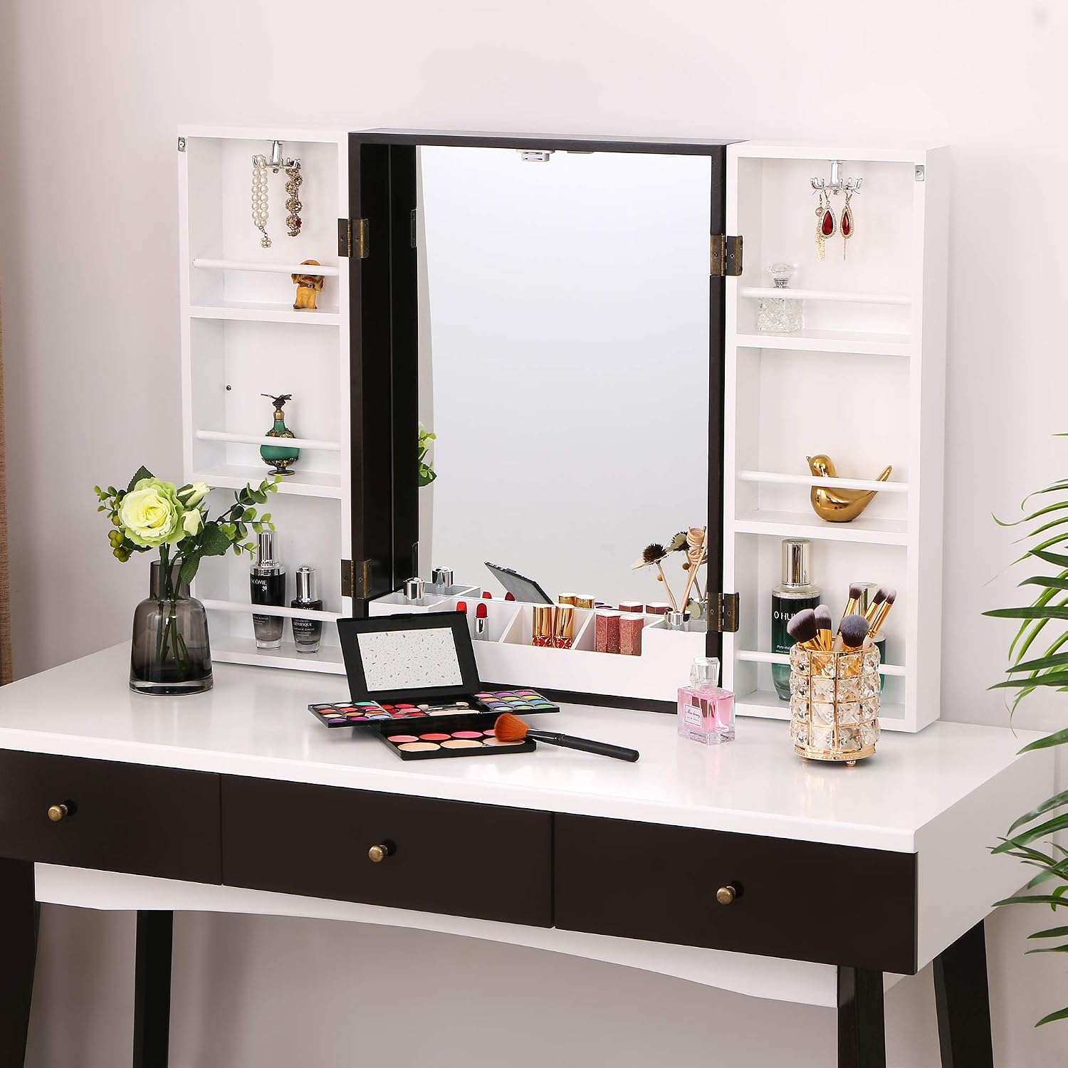 BEWISHOME Large Vanity Set with Mirror, Cushioned Stool, Storage Shelves, Makeup Organizer, 3 Drawers White Makeup Vanity Desk Dressing Table FST05W