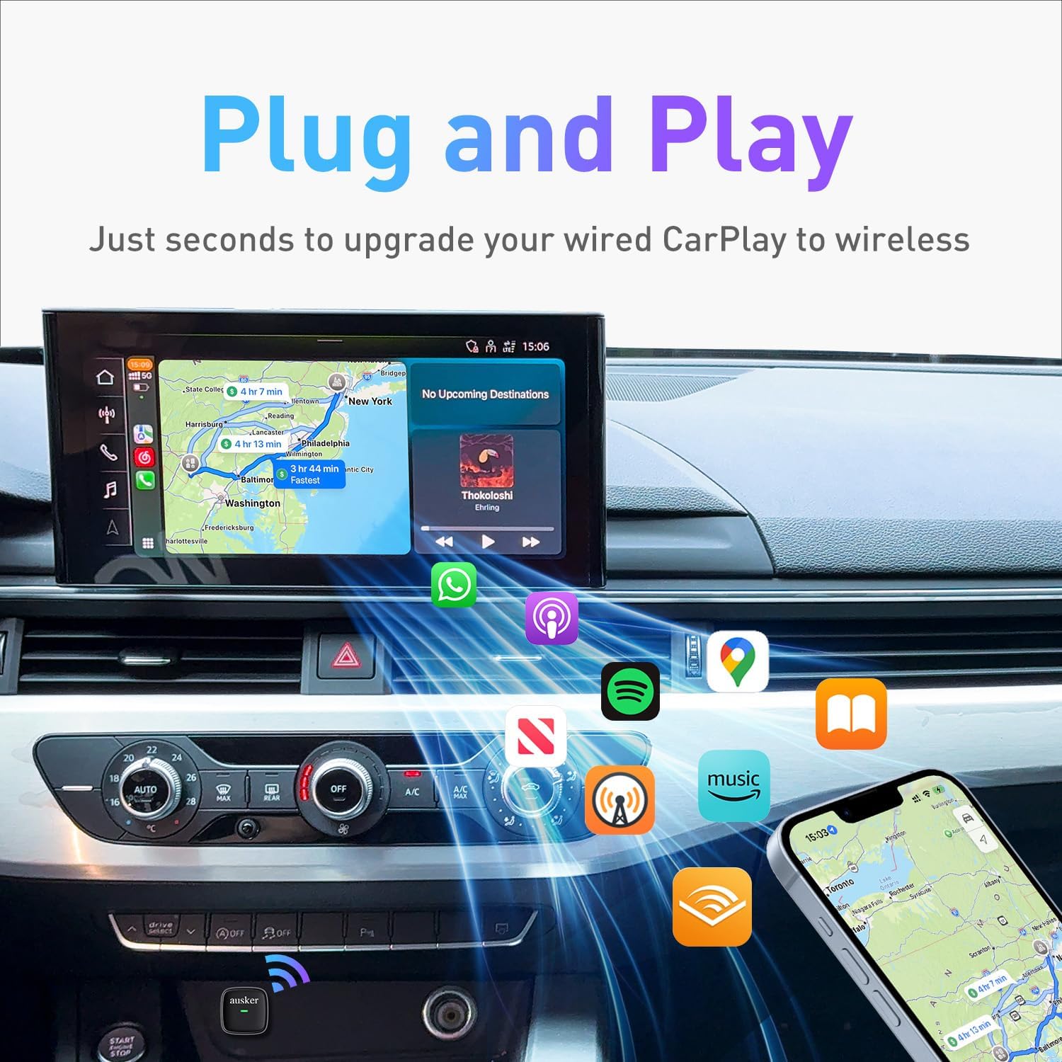 Wireless CarPlay Adapter, Plug and Play Mini Size CarPlay Wireless Adapter with USB A Extension Cable and USB A to USB C Cable, Compatible with iPhone and Cars, Stable Connection and No Latency