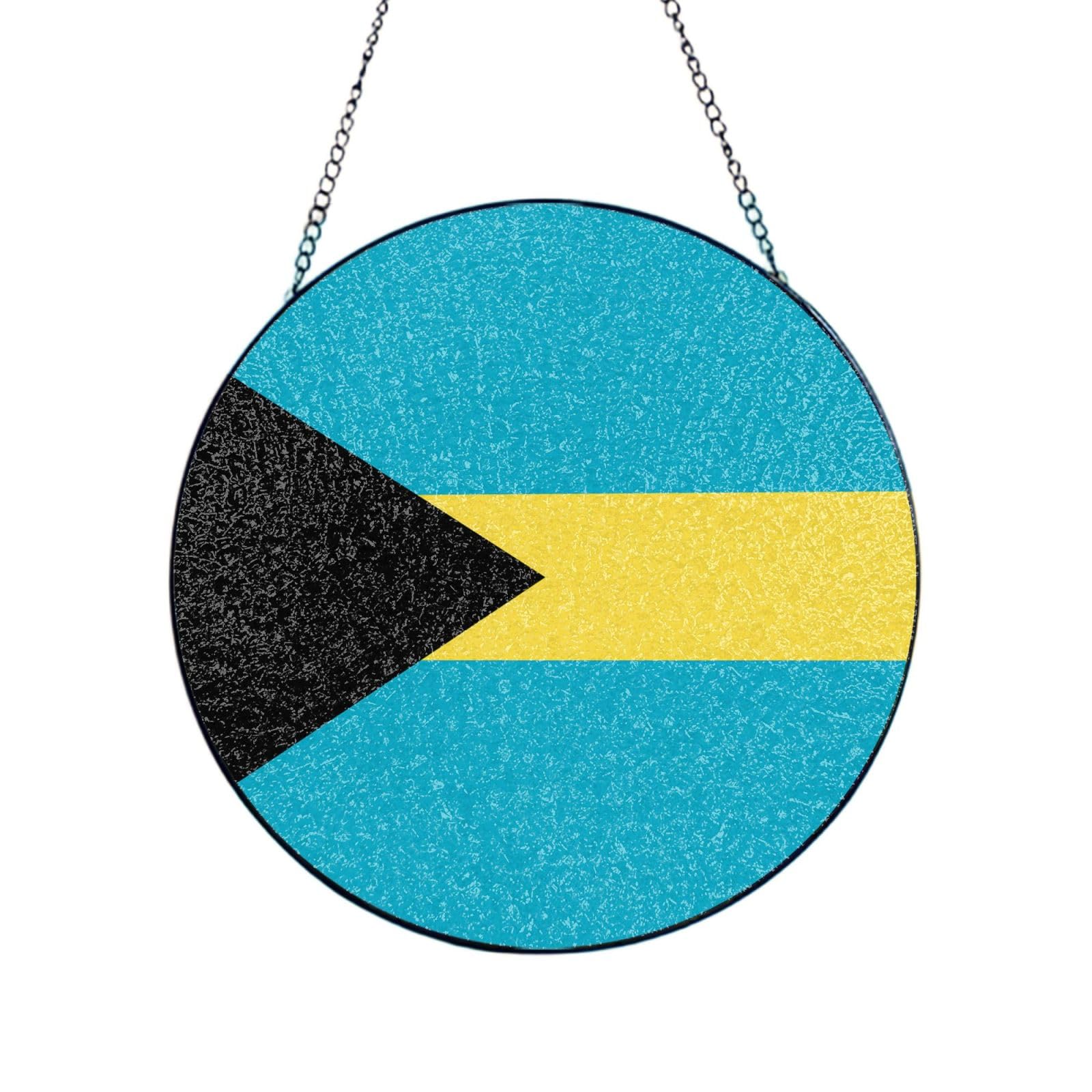 Phayah Flag Of The Bahamas Print Glass Window Hanging Round Suncatcher Glass Ornament Garden Wall Fence Decorations Indoor Outdoor 6in（15cm）
